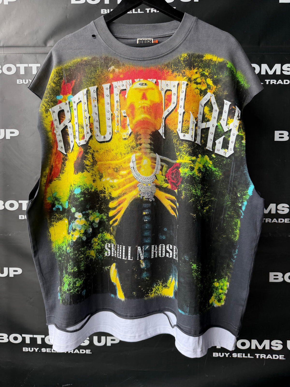RoughPlay Skull & Roses Sleeveless T-Shirt In Gray (Sleeves Cut Off)