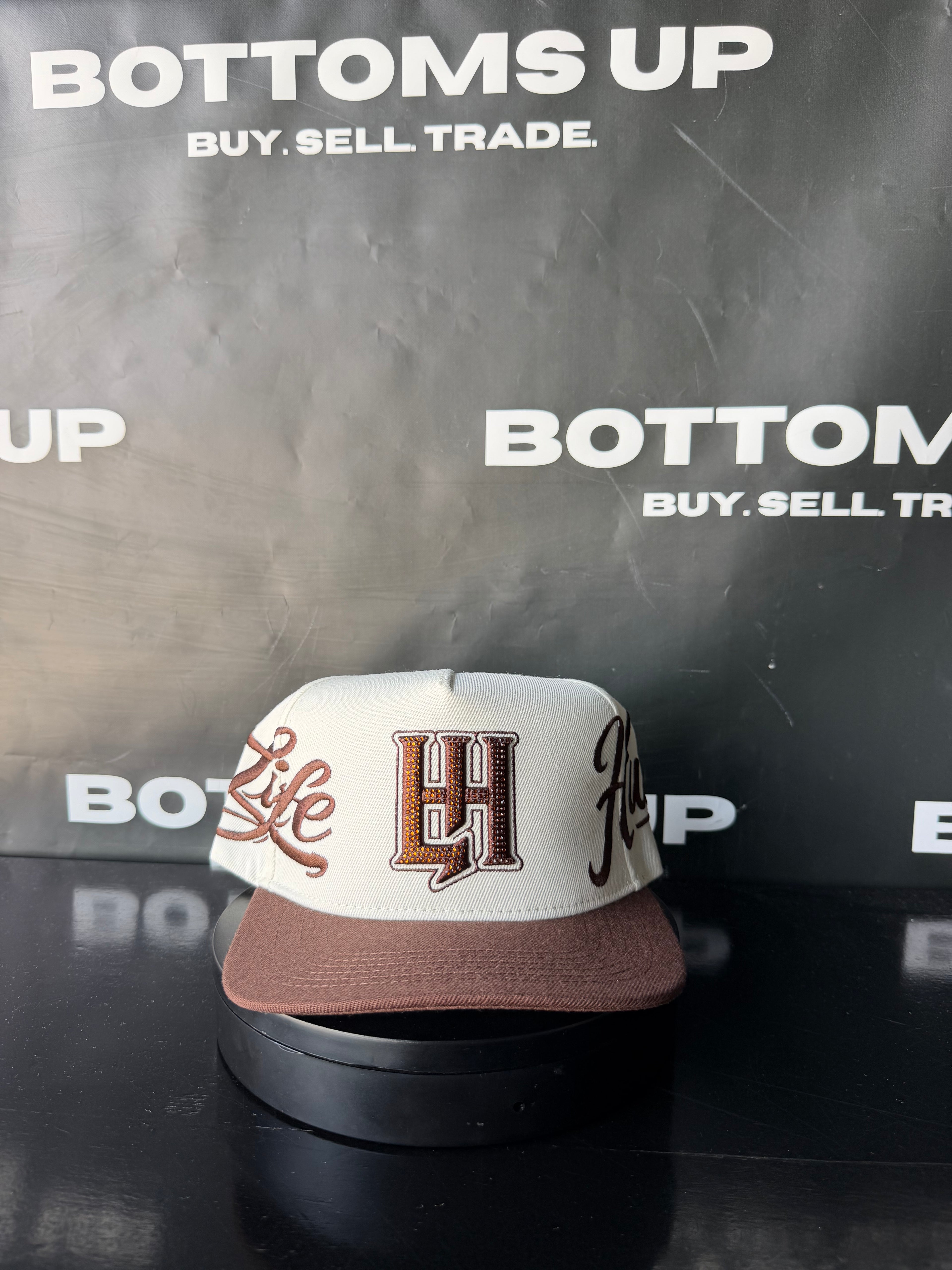 Life Hustlers Rhinestone Snapback Hat In Beige/Brown