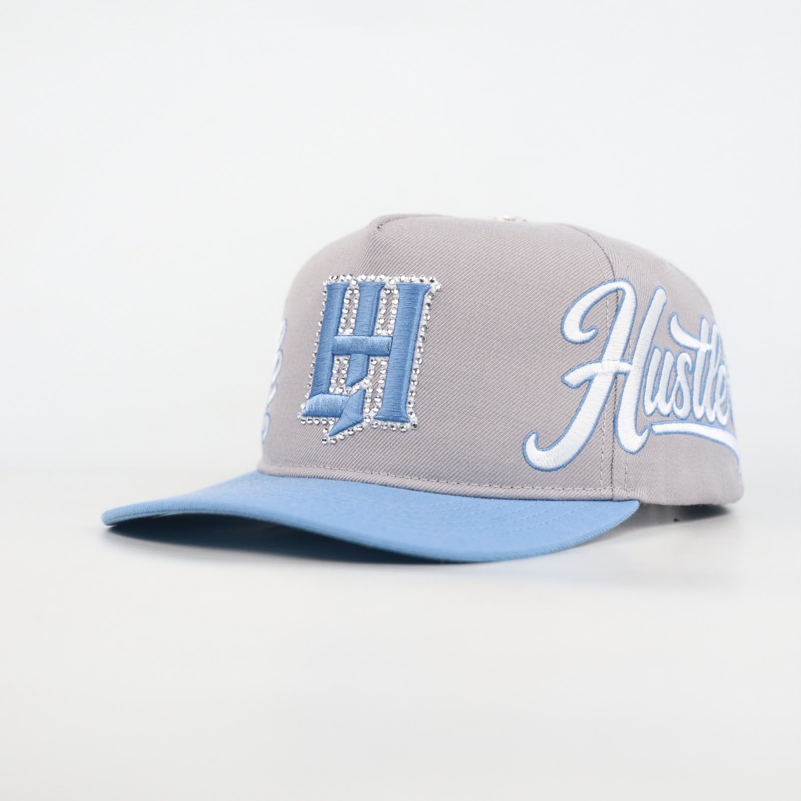 Life Hustlers Rhinestone Snapback Hat In Grey/Blue