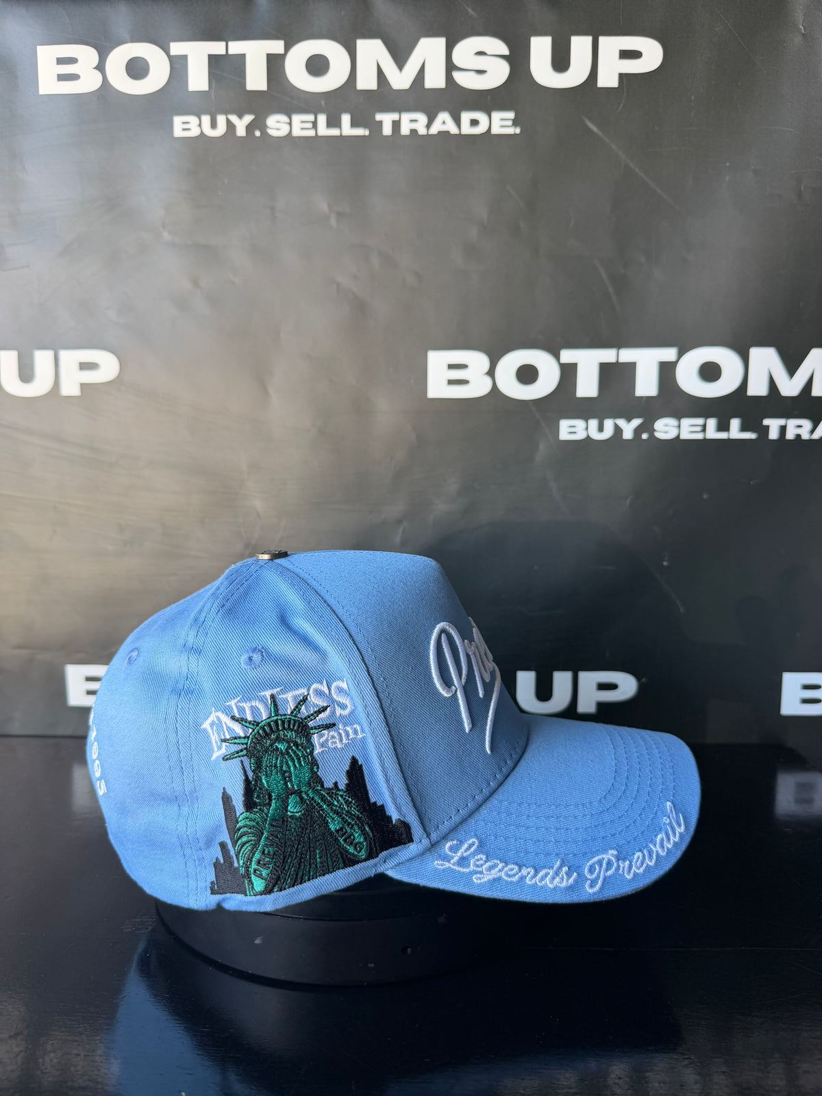 Legends Prevail Prevail Snapback Hat in Light Blue / White Letters