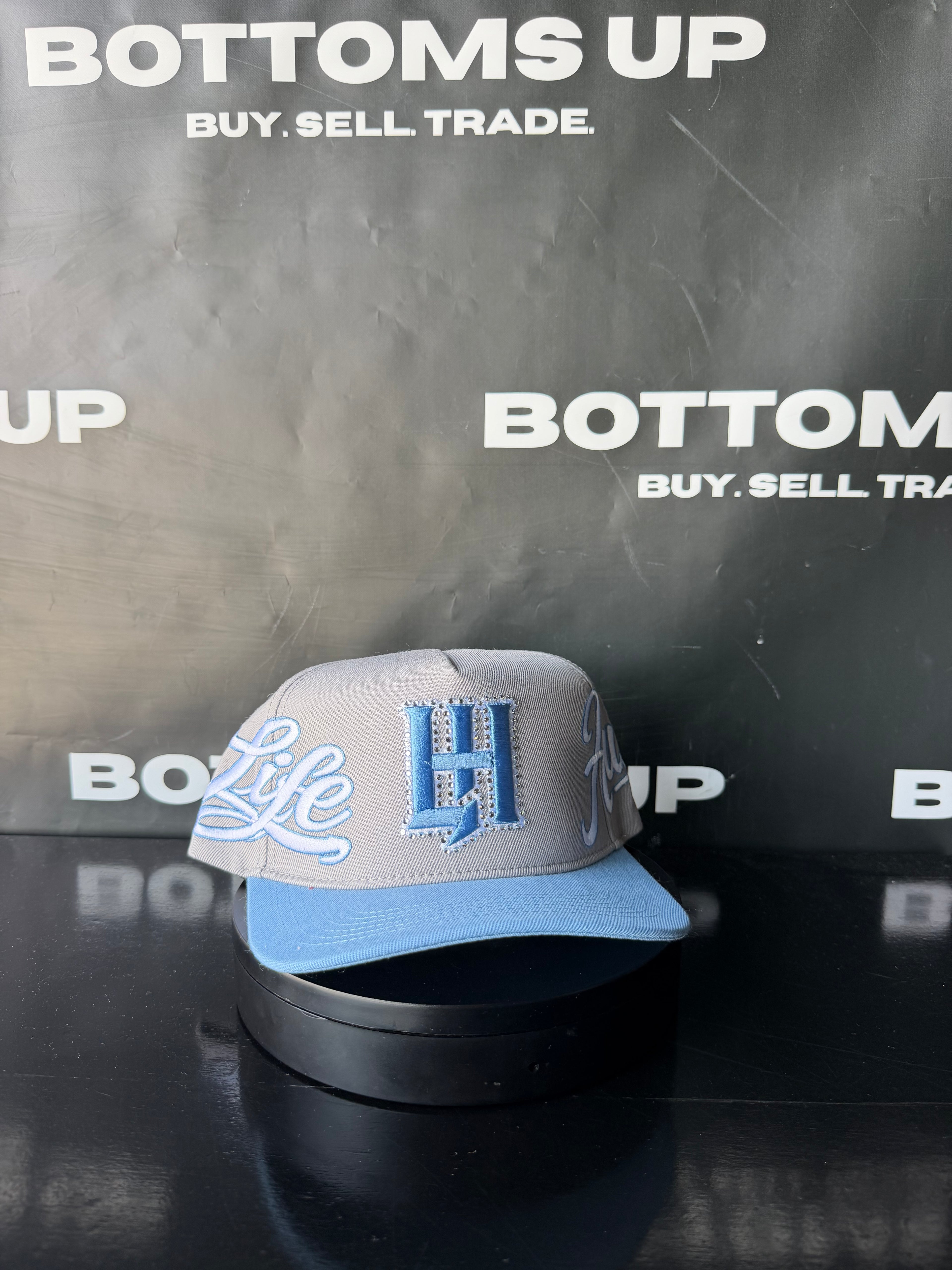 Life Hustlers Rhinestone Snapback Hat In Grey/Blue