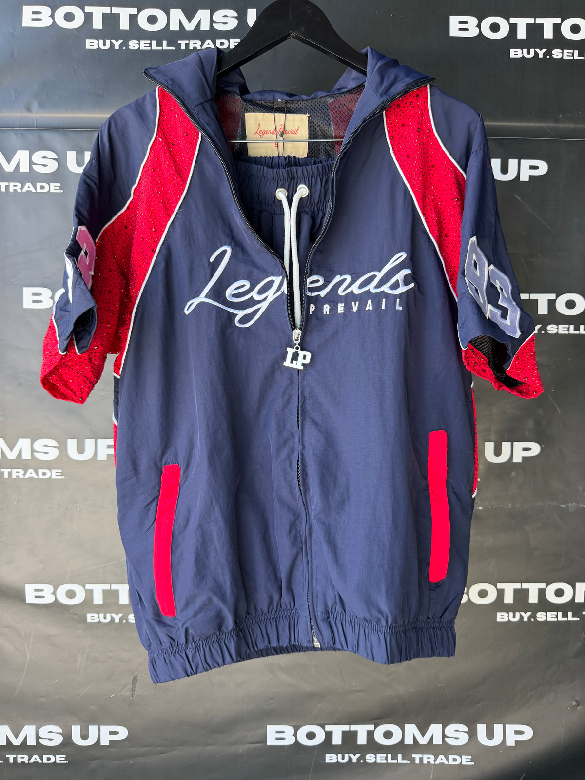 Legends Prevail Short Sleeve Windbreaker Set In Navy Blue / Red With Rhinestone