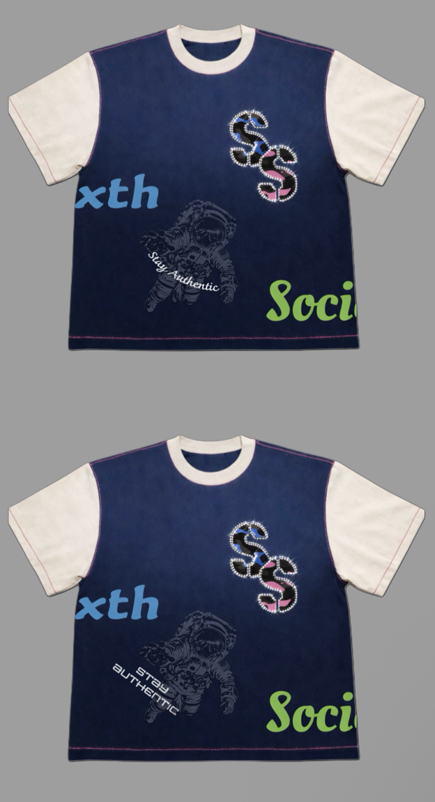 Sixth Society Pink Stitch Short Sleeve T-Shirt In Navy / Ice Cream