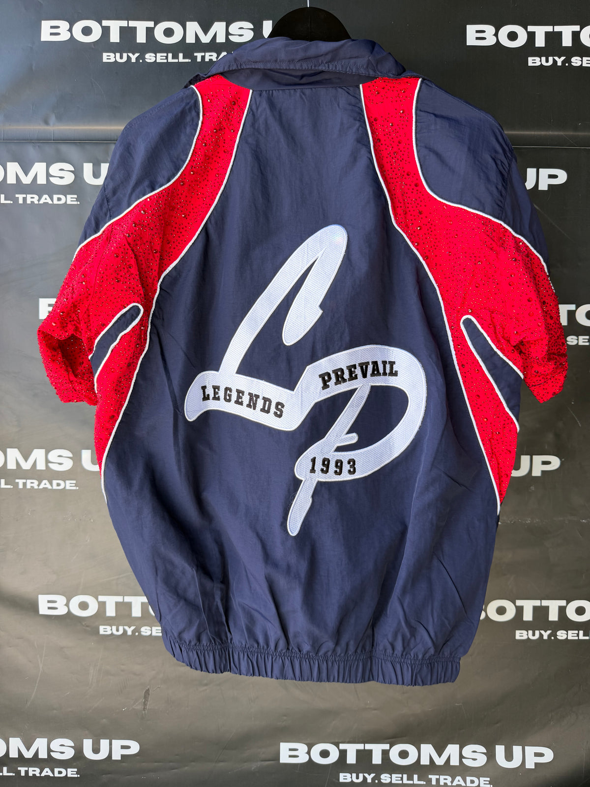 Legends Prevail Short Sleeve Windbreaker Set In Navy Blue / Red With Rhinestone