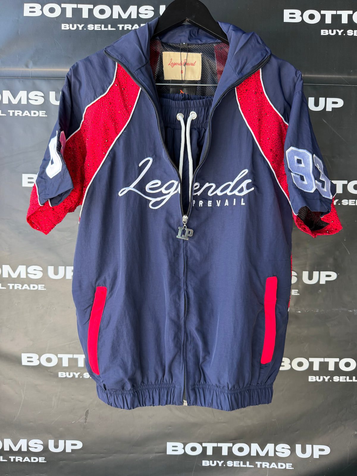 Legends Prevail Short Sleeve Windbreaker Set In Navy Blue / Red With Rhinestone