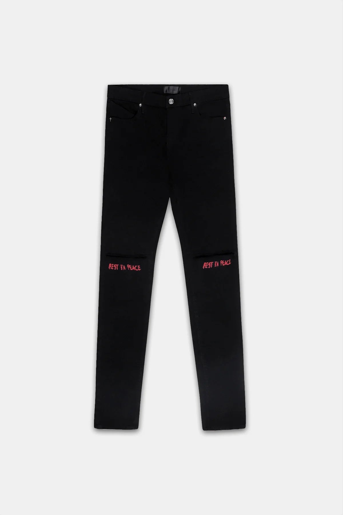 RTA Bryant Ripped Skinny Jean Black Red Rest In Peace