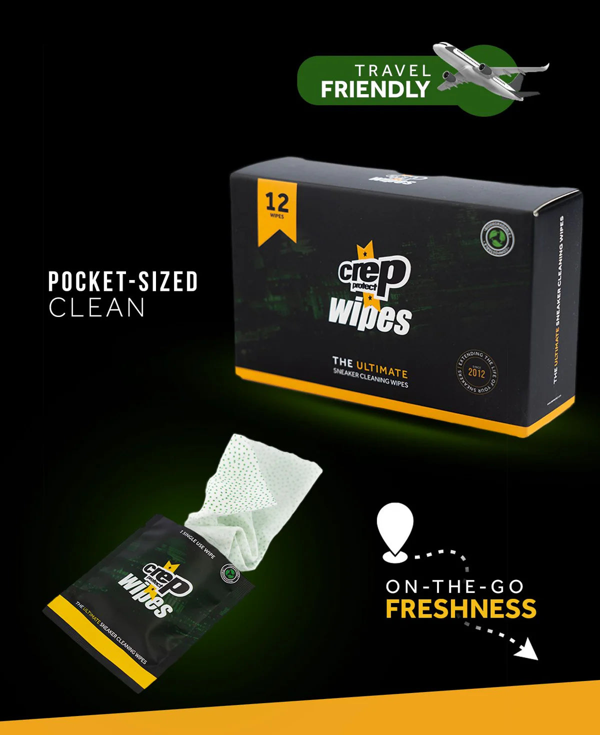 Crep Protect Shoe Wipes: Biodegradable, Dual-Sided Sneaker Cleaning Wipes for Quick Dirt & Scuff Removal - Individually Wrapped (Pack of 12)