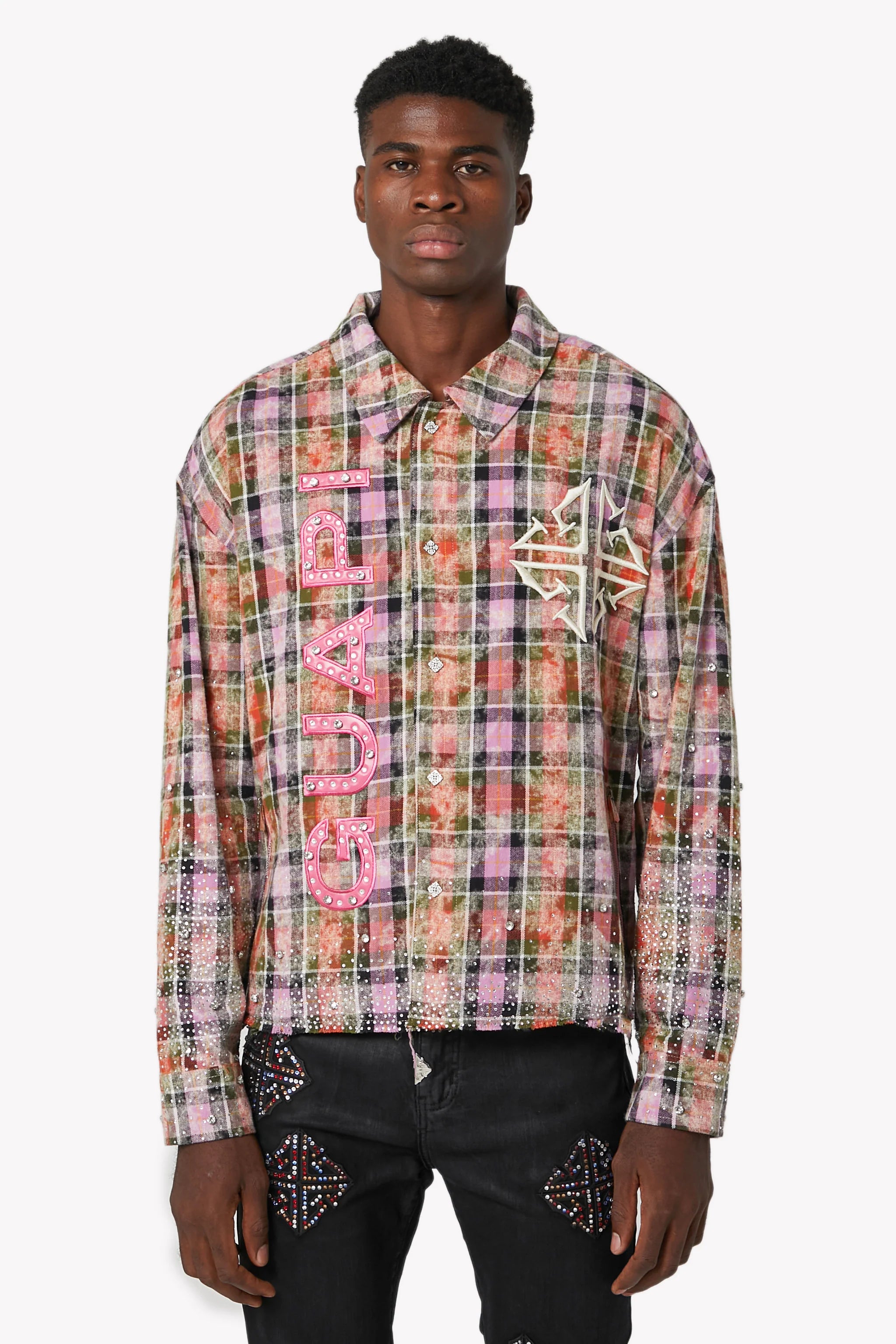 Guapi Blush Pink Rhinestone Flannel Shirt