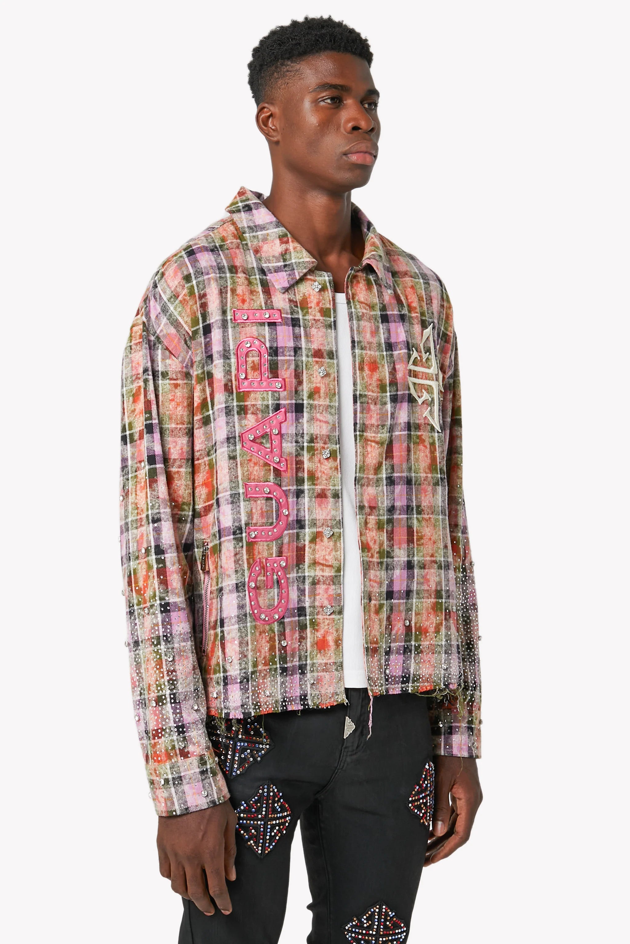 Guapi Blush Pink Rhinestone Flannel Shirt