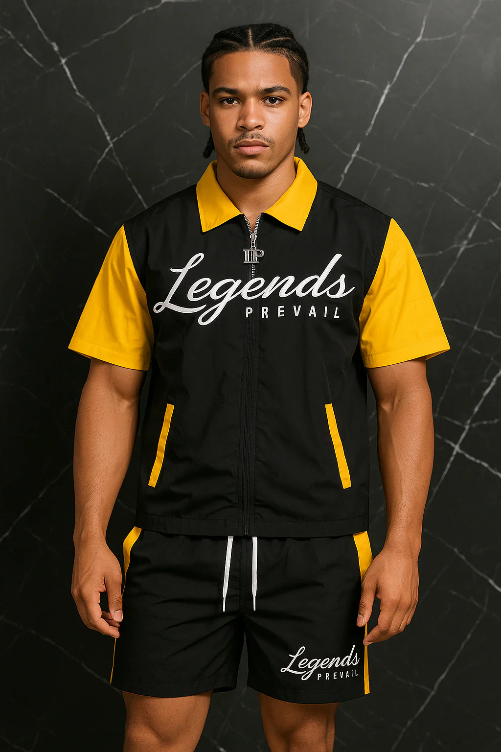 Legends Prevail Short Sleeve Windbreaker Set In Black and Yellow