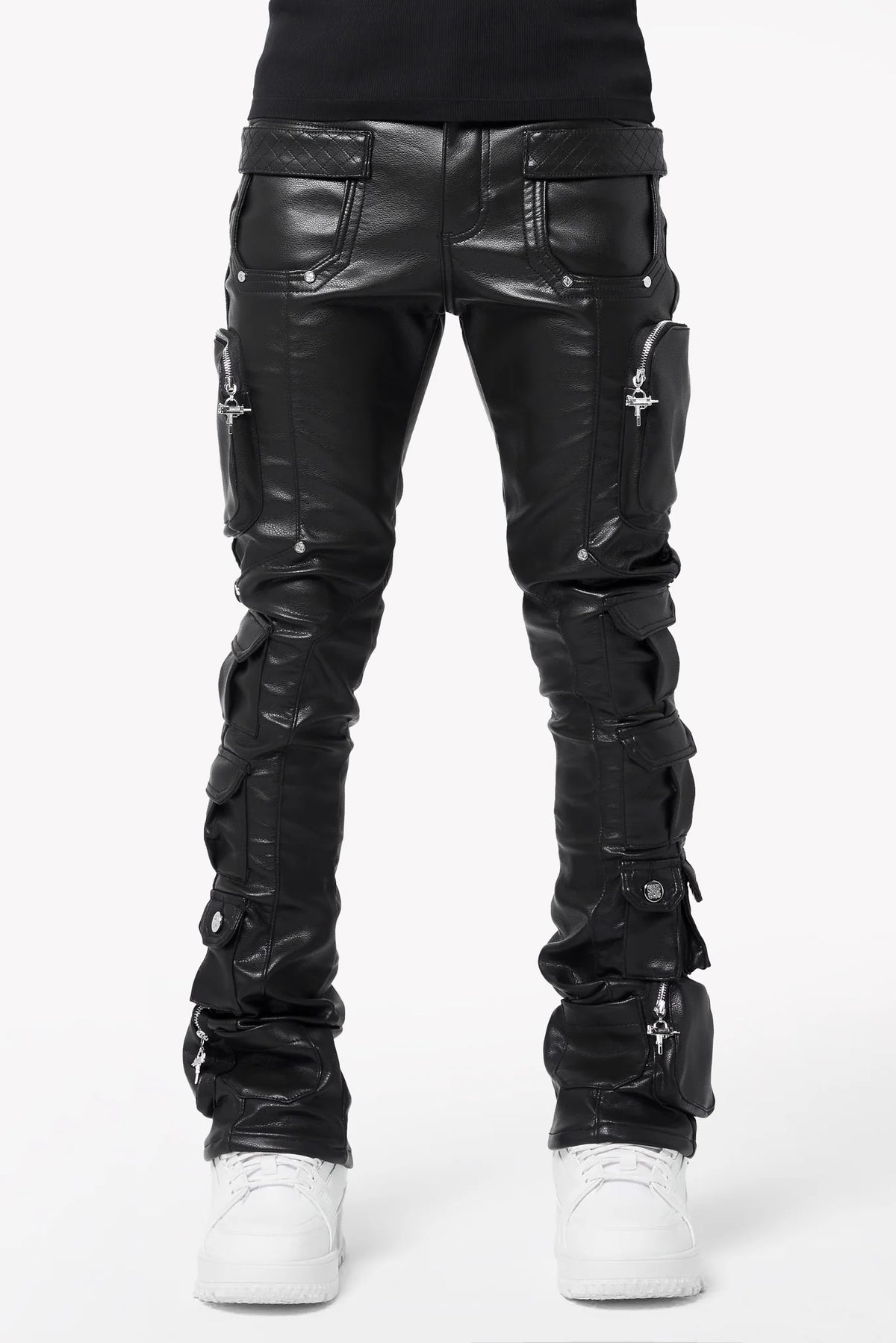 Guapi Obsidian Black Cargo Leather Stacked Jeans