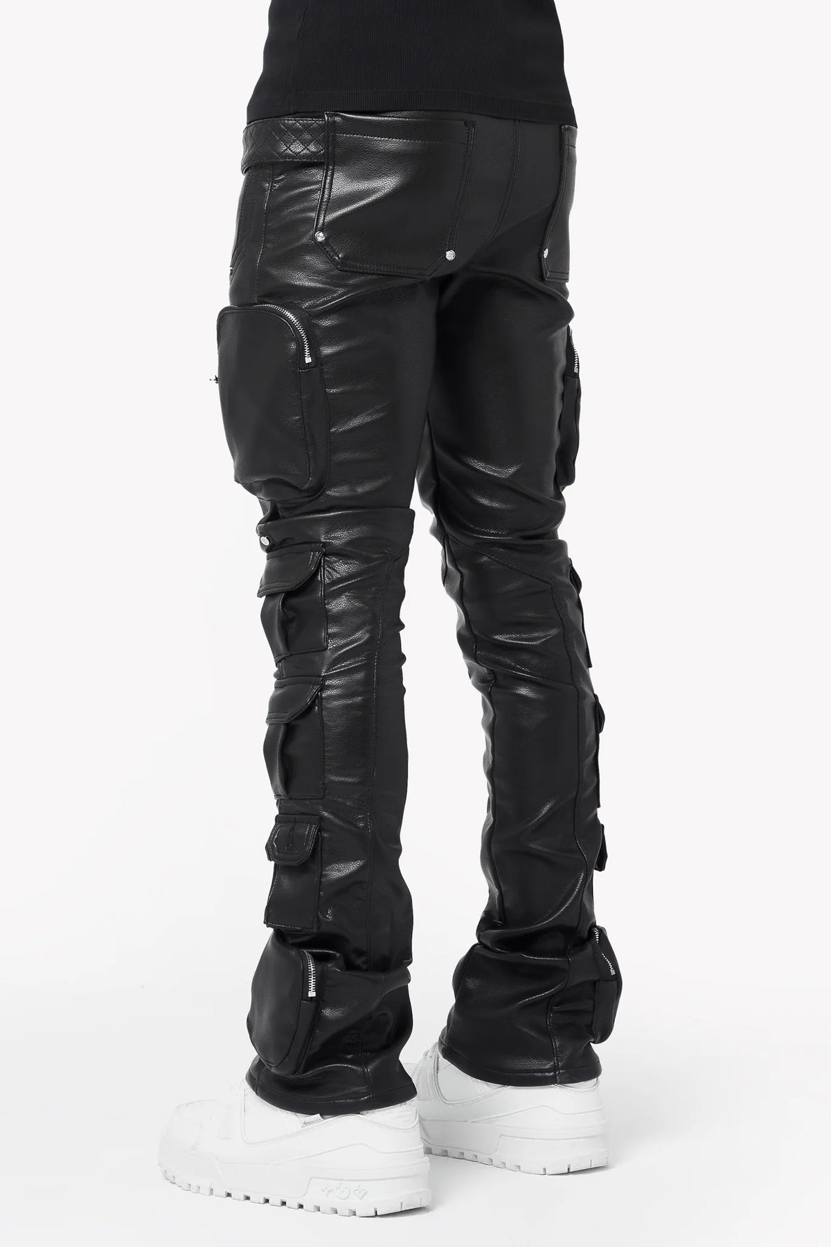 Guapi Obsidian Black Cargo Leather Stacked Jeans