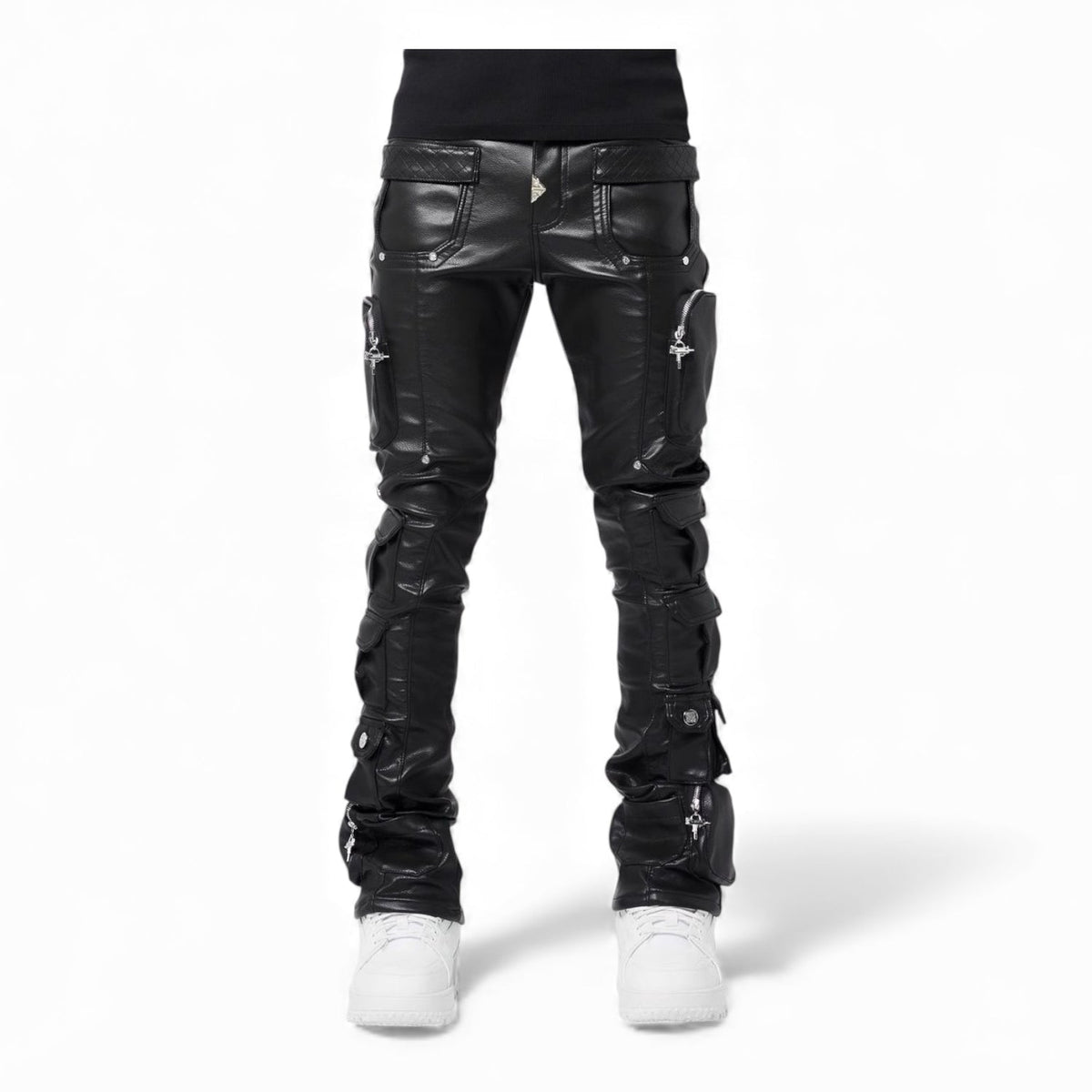 Guapi Obsidian Black Cargo Leather Stacked Jeans