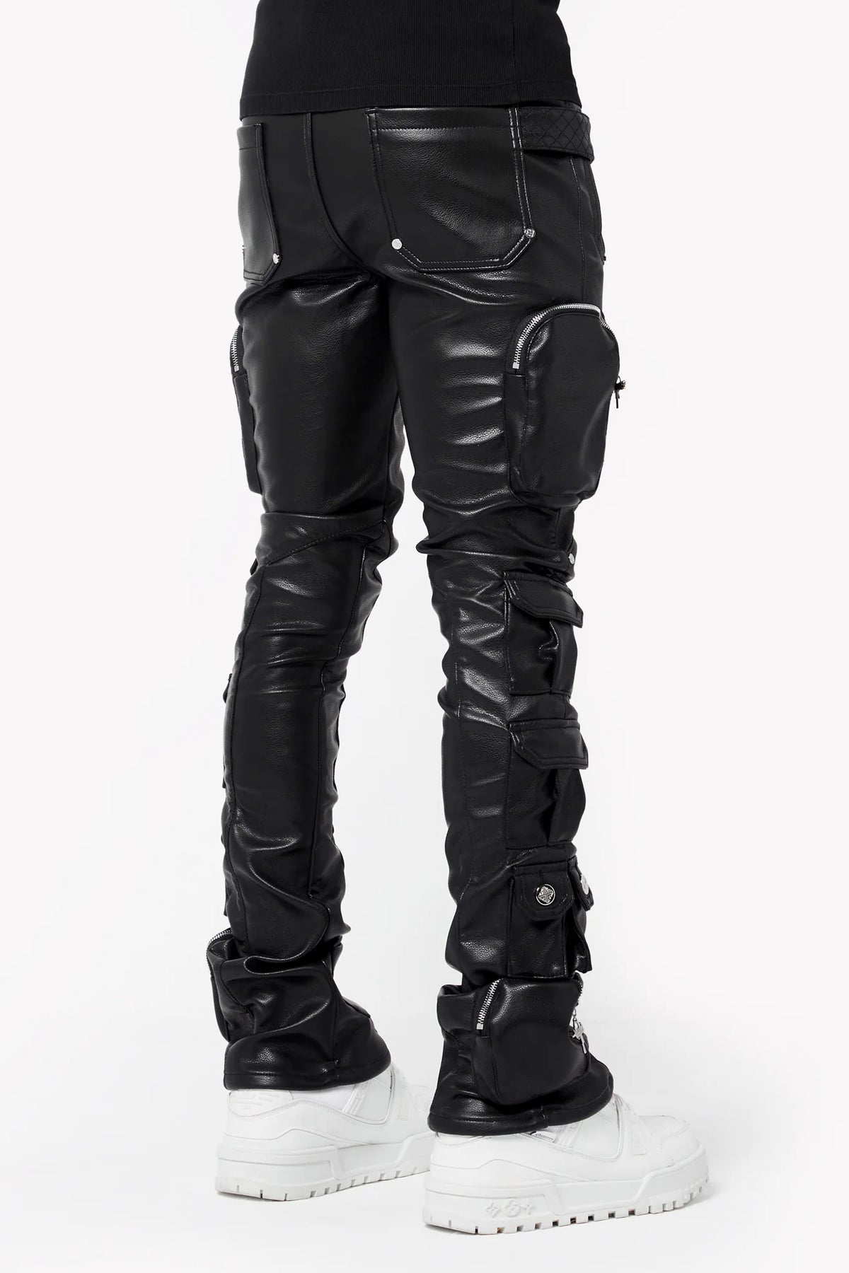 Guapi Obsidian Black Cargo Leather Stacked Jeans