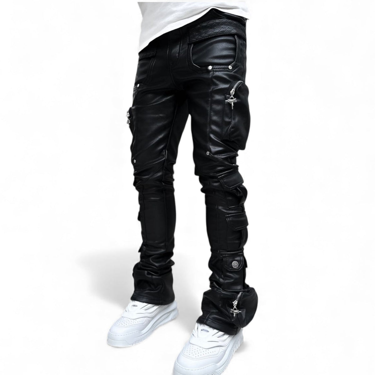 Guapi Obsidian Black Cargo Leather Stacked Jeans