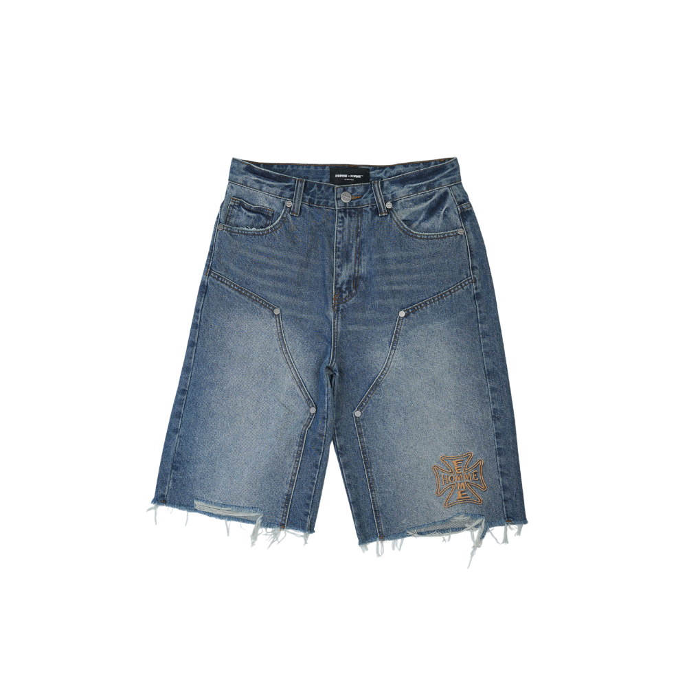 Homme + Femme Maison Crest Denim Shorts In Blue