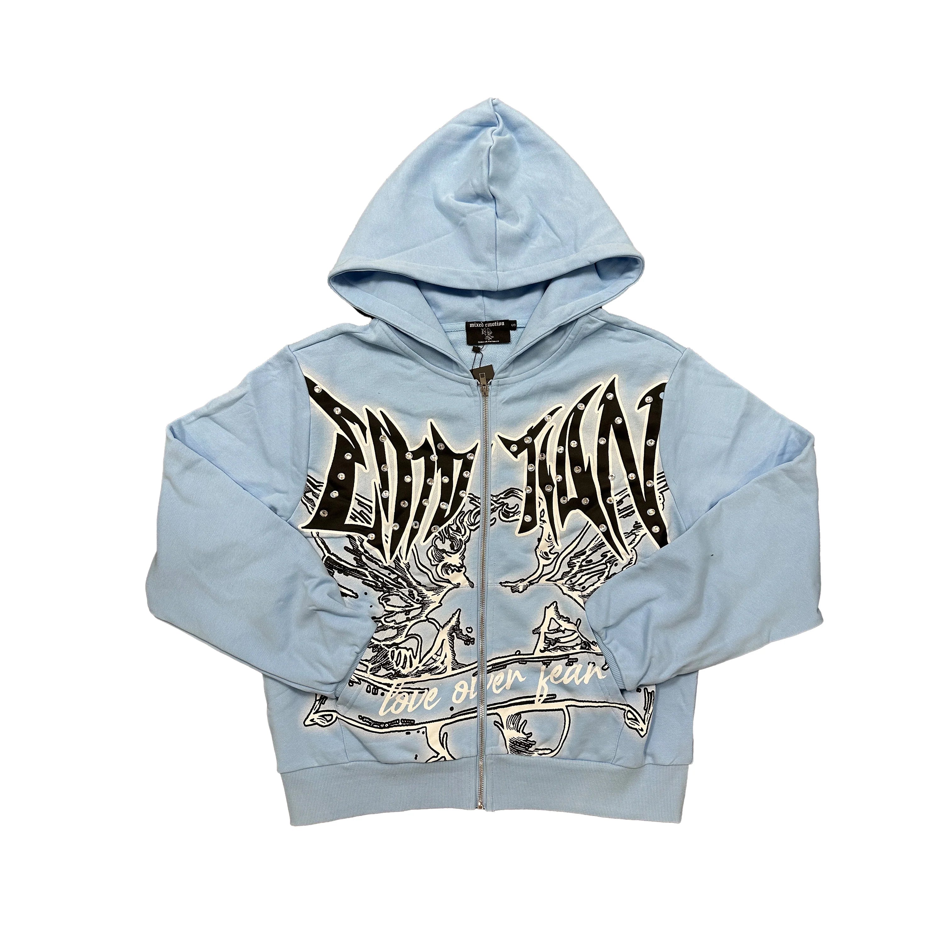 Mixed Emotion Blue Grafitti Rhinestone Hoodie