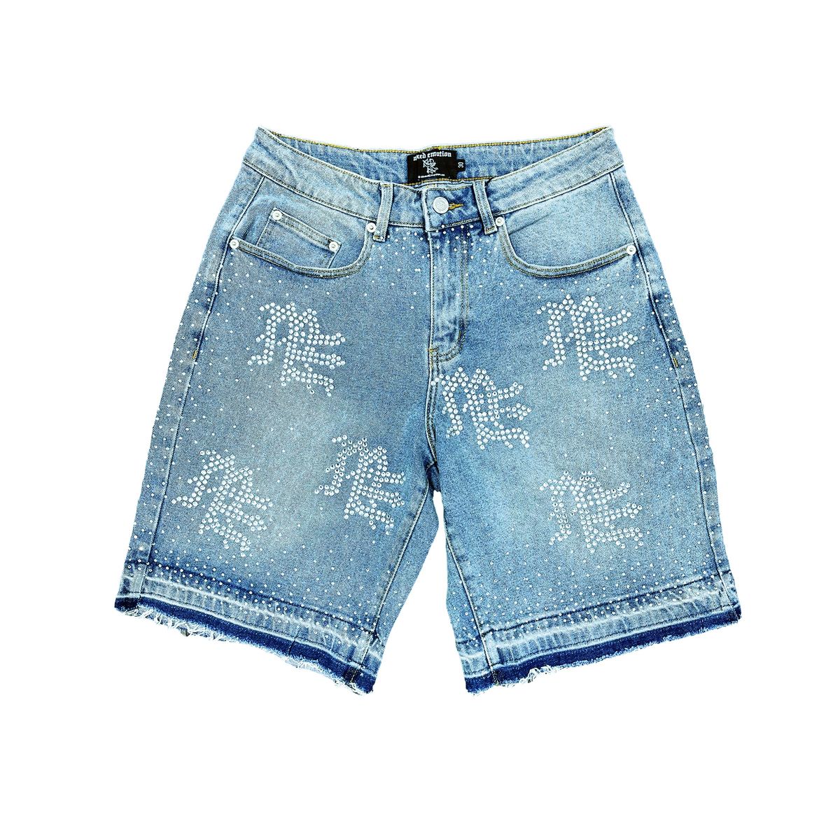 Mixed Emotion ME Rhinestone Shorts In Blue Denim