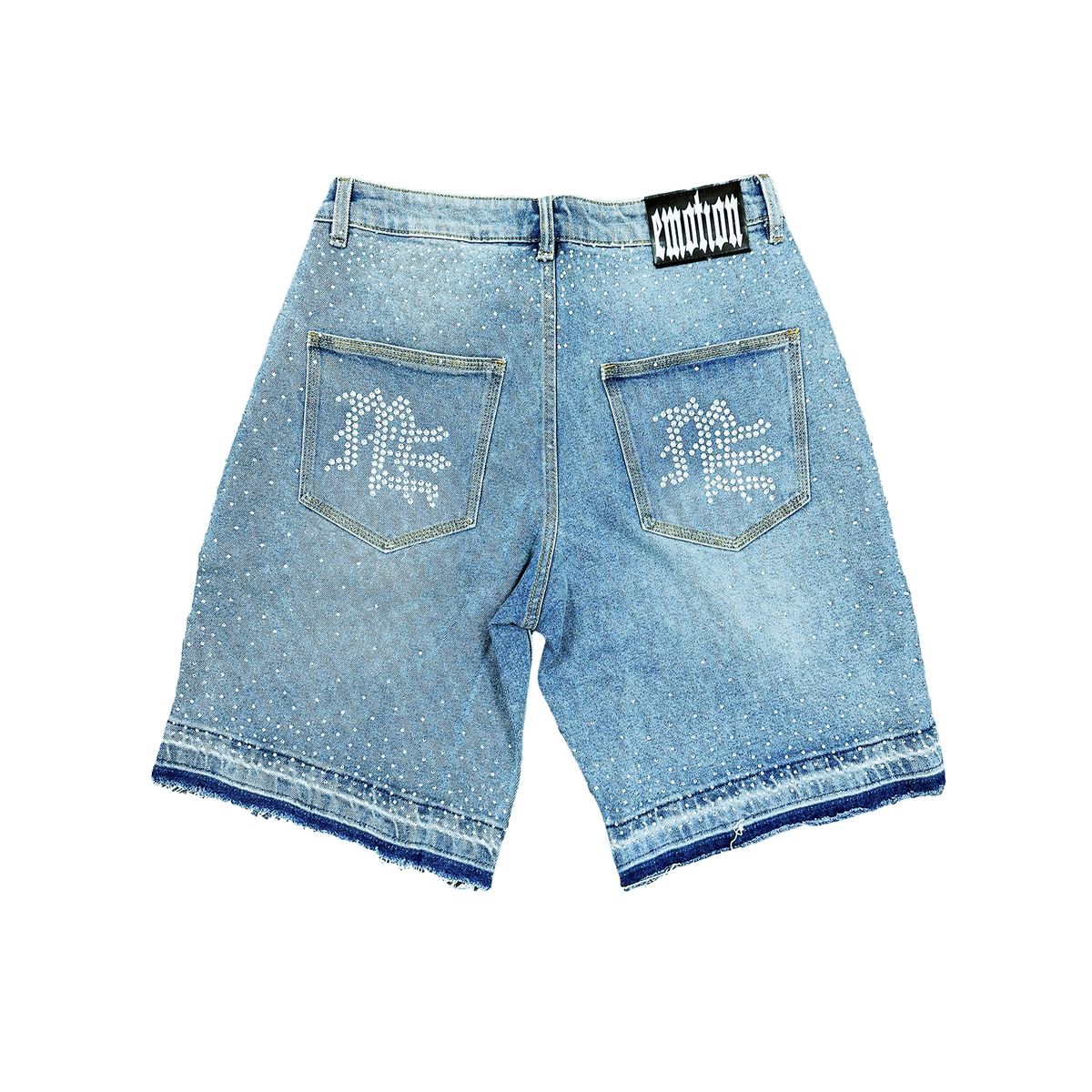 Mixed Emotion ME Rhinestone Shorts In Blue Denim