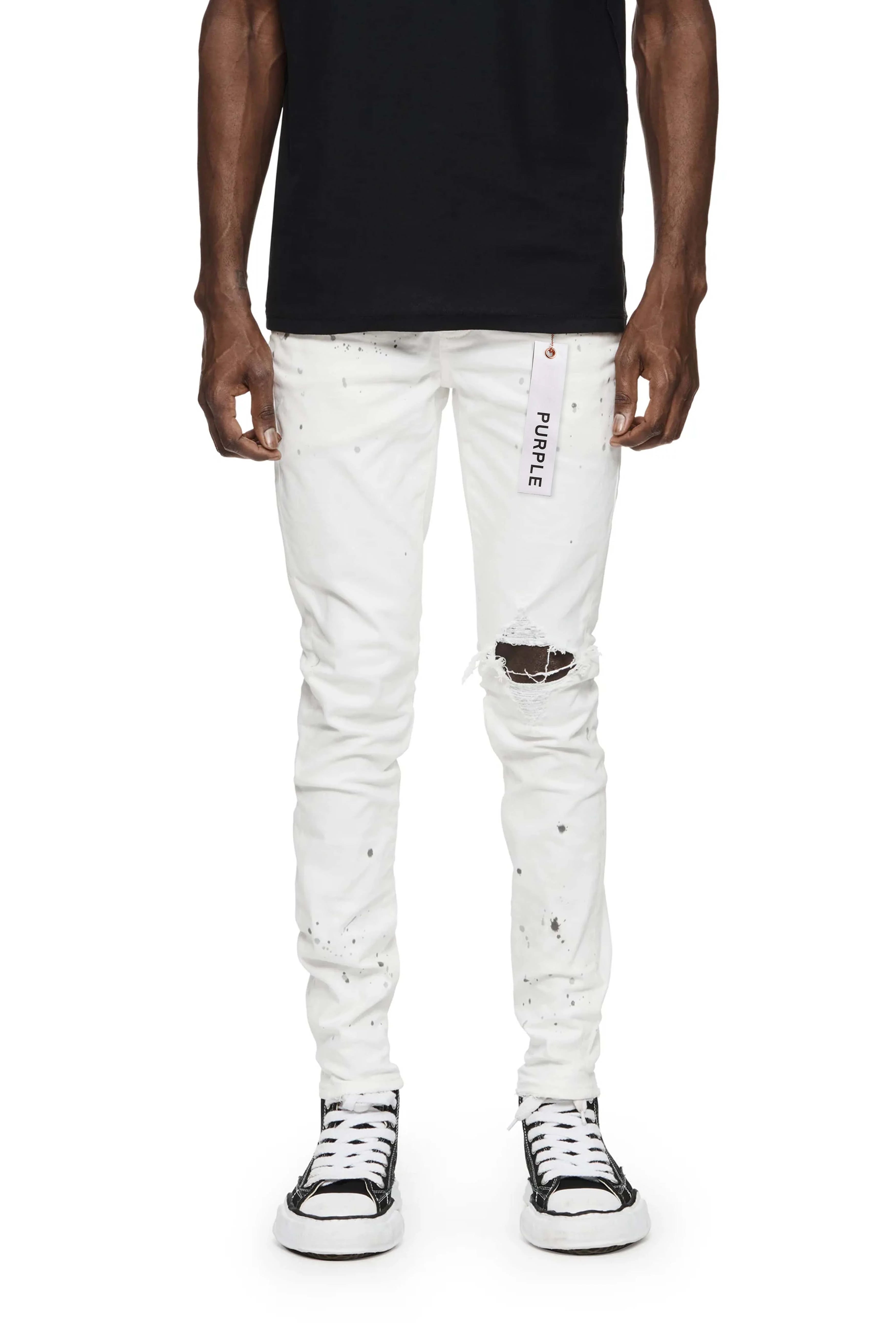 Purple Brand P001 Optic White Paint Blowout Jeans OWPB122