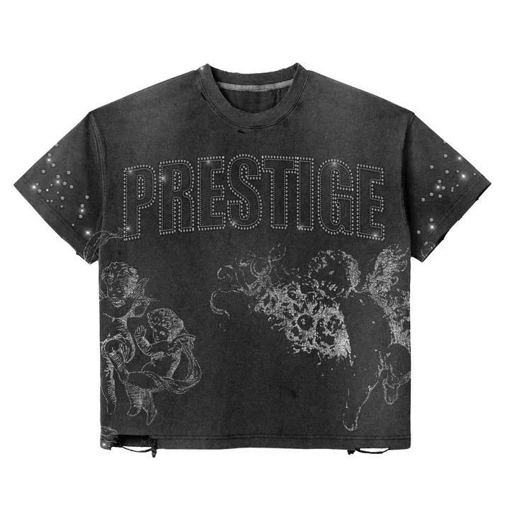 Prestige Distress Angel Rhinestone T-Shirt In Black