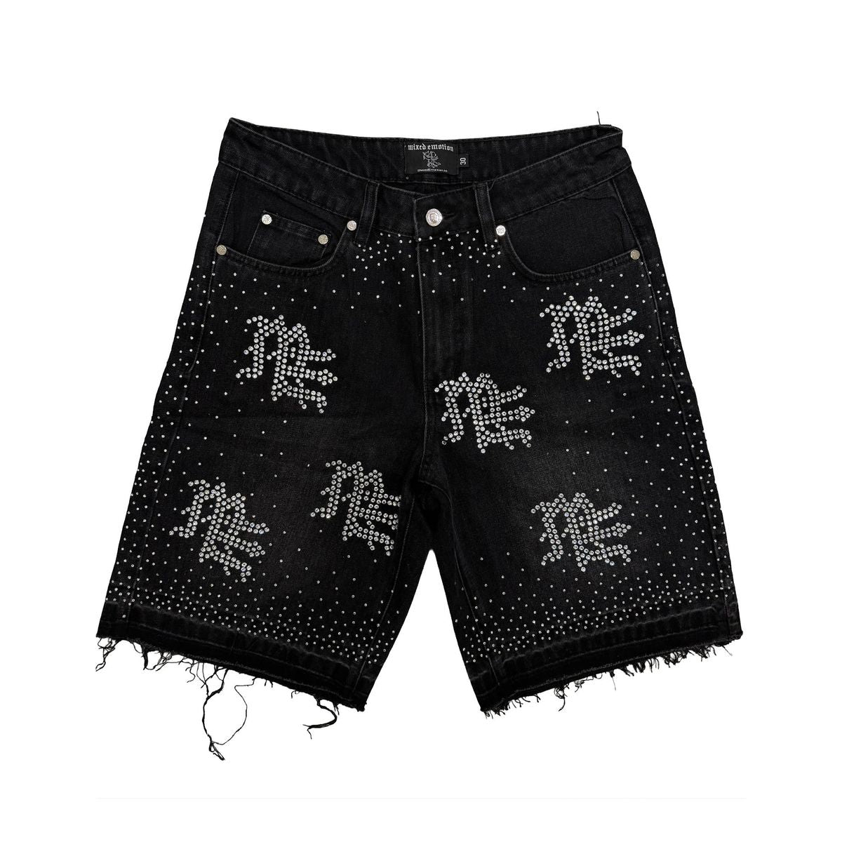 Mixed Emotion ME Rhinestone Shorts In Black Denim