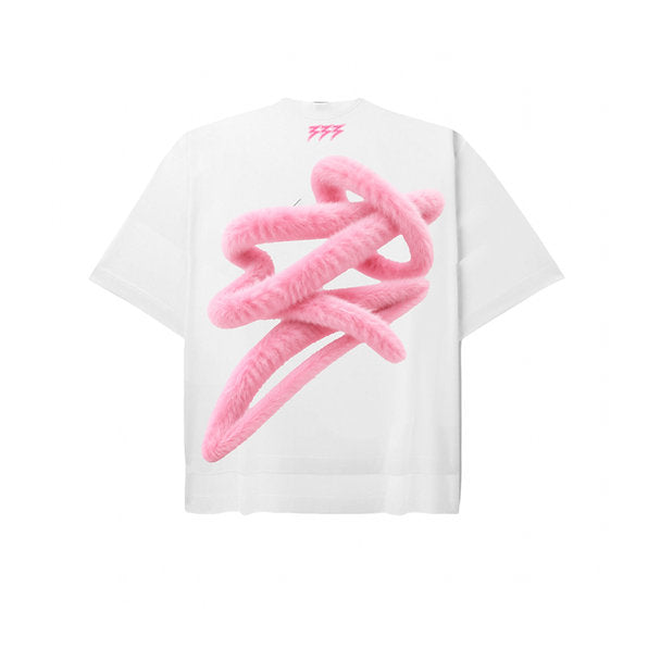 333 3eyevision Don't Be Afraid Pink Shaggy T-Shirt In White
