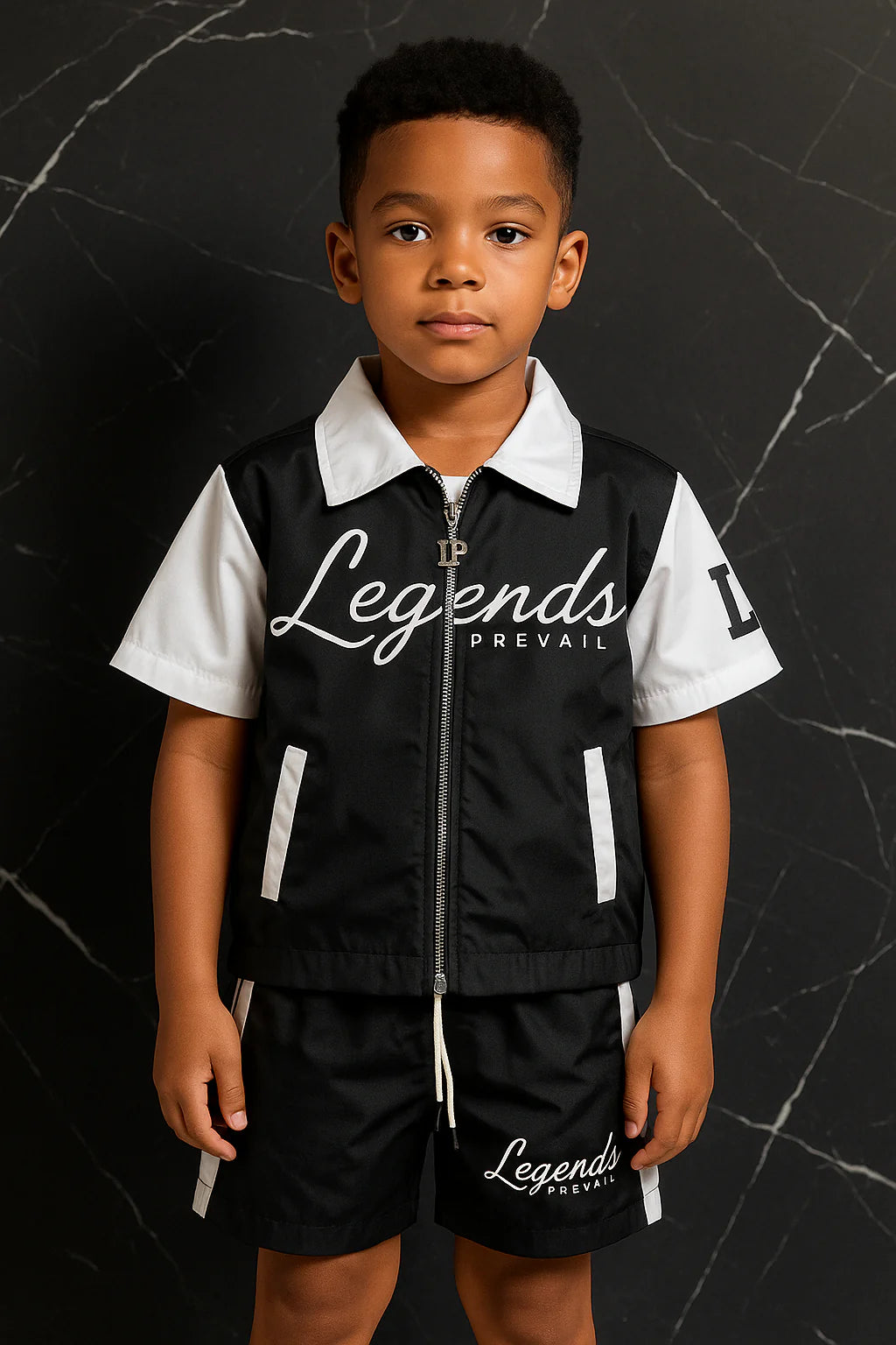 Legends Prevail Kids Short Sleeve Windbreaker Set In Black/White